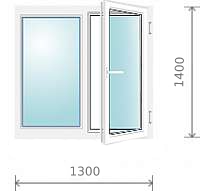 Пластиковое окно (двухстворчатое, с одной поворотно-откидной створкой), 1300x1400 мм